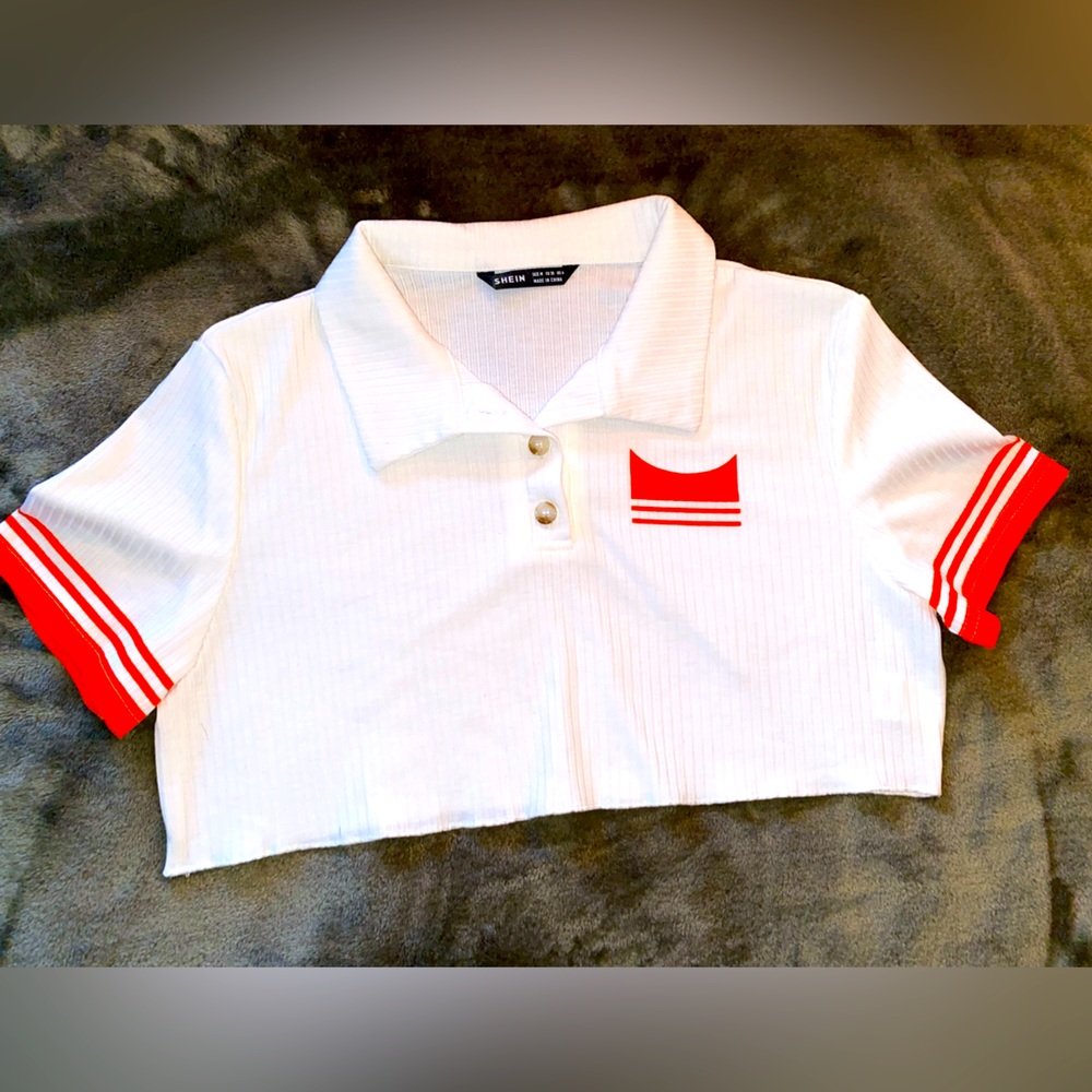 SHEIN Collared White and Neon Orange Crop Top